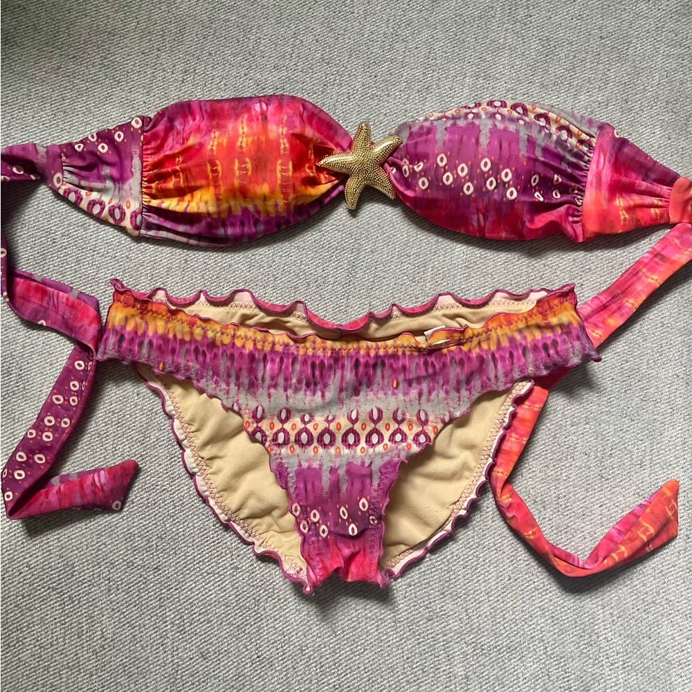 Luli Fama PinkMermaid Star Bikini 👙StraplessTop XS Ruffle Bottoms M🪸 Lulifama